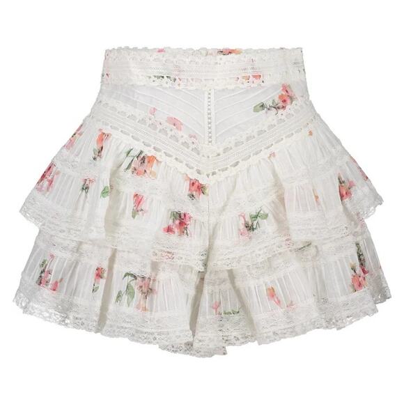 Zimmermann Heathers Pintuck Floral Lace Frill Shorts - XS - White Pink